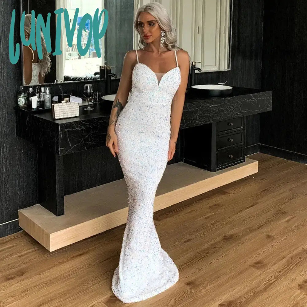 Lunivop Spaghetti Straps Sequins Sparkle Floor-Length Wedding Evening Dress Sexy Mermaid Court