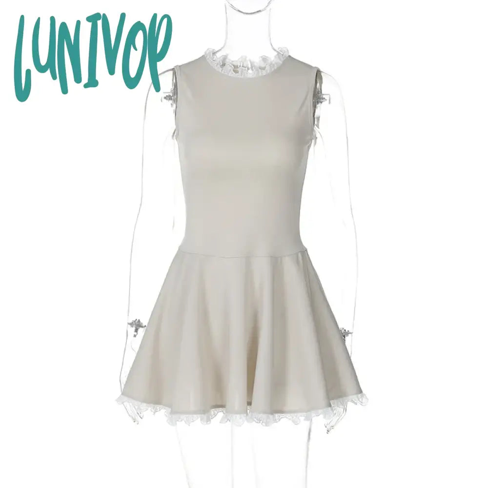 Lunivop Splice Lace Mini Dress For Women High Waisted Slim Folds A-Line Hem Dresses Sleeveless
