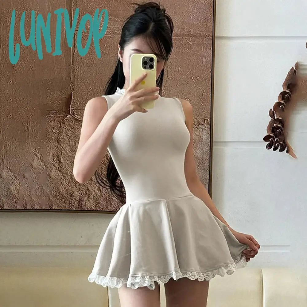 Lunivop Splice Lace Mini Dress For Women High Waisted Slim Folds A-Line Hem Dresses Sleeveless