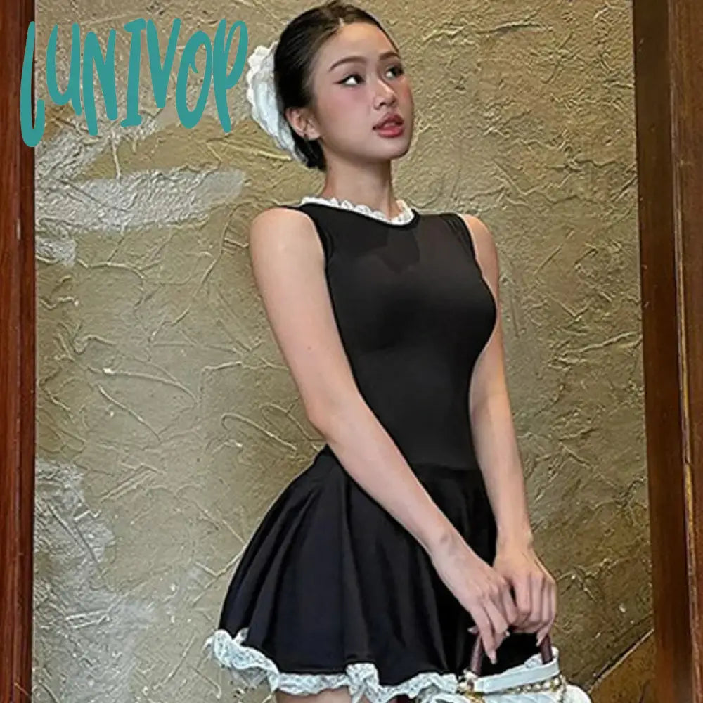 Lunivop Splice Lace Mini Dress For Women High Waisted Slim Folds A-Line Hem Dresses Sleeveless