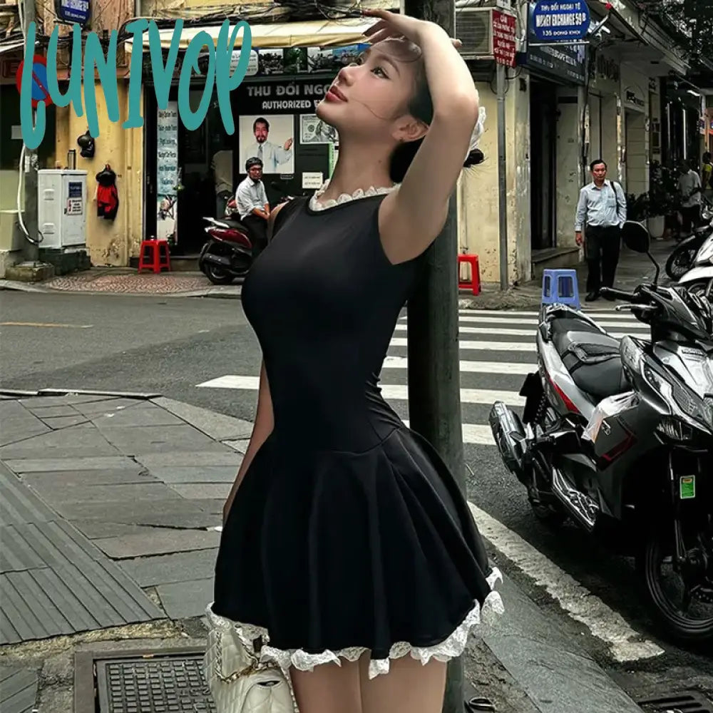 Lunivop Splice Lace Mini Dress For Women High Waisted Slim Folds A-Line Hem Dresses Sleeveless