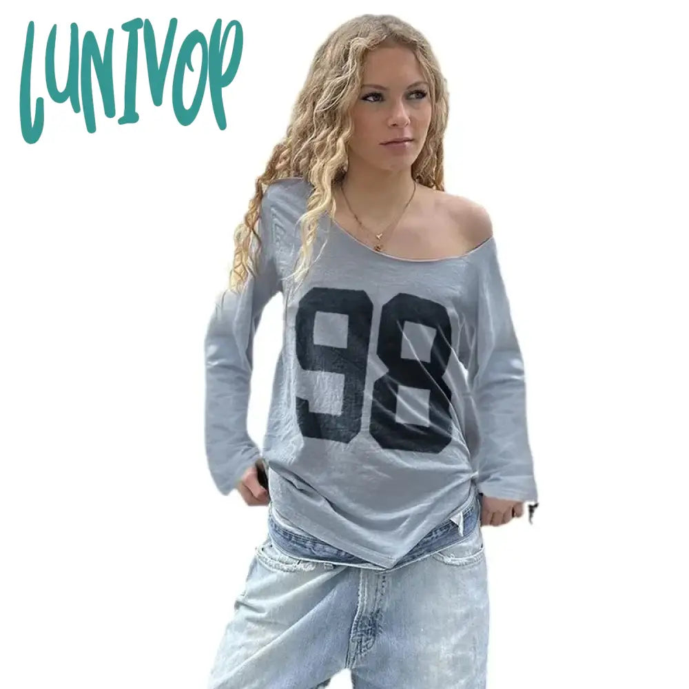 Lunivop Sporty Chic Digital Print Top Streetwear Casual Basic Loose T-Shirts Vintage V-Neck Long