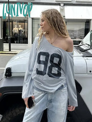 Lunivop Sporty Chic Digital Print Top Streetwear Casual Basic Loose T-Shirts Vintage V-Neck Long