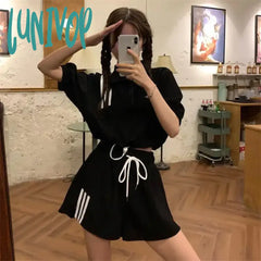 Lunivop Sporty Short Sets Women Summer New Striped Short-Sleeved Tops + Casual Mini Shorts Two