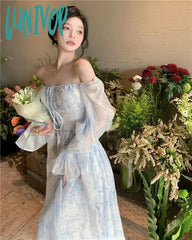 Lunivop Spring And Summer Square Collar Blue Elegant French Retro Long-Sleeved Princess Prom Dress