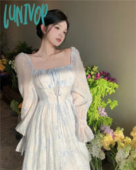 Lunivop Spring And Summer Square Collar Blue Elegant French Retro Long-Sleeved Princess Prom Dress