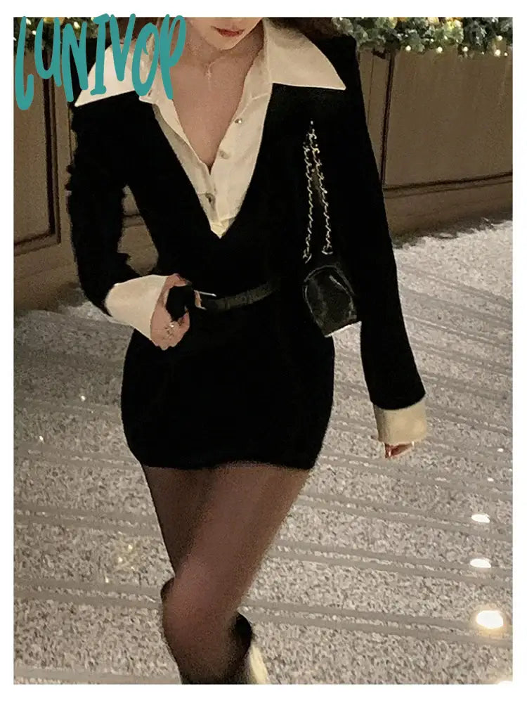 Lunivop Spring Black Elegant Dress Women Sexy Patchwork Y2K Designer Mini Female Casual Korean