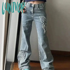 Lunivop Spring Butterfly Embroidery Vintage Denim Women Jeans Retro High Waist Long Light Blue