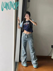 Lunivop Spring Butterfly Embroidery Vintage Denim Women Jeans Retro High Waist Long Light Blue