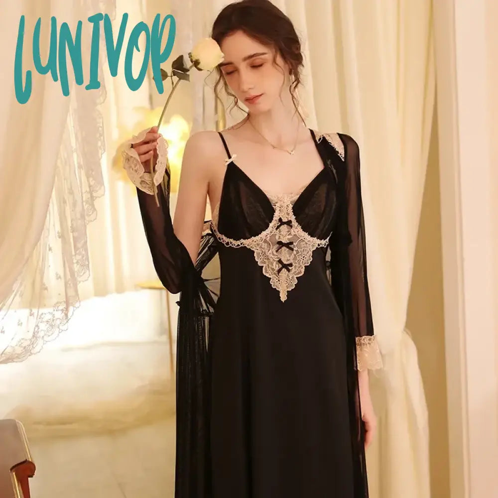 Lunivop Spring Ice Silk Robe Sets Long Dressing Gown Princess Satin Peignoir Sleeping Dress V Neck