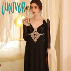 Lunivop Spring Ice Silk Robe Sets Long Dressing Gown Princess Satin Peignoir Sleeping Dress V Neck