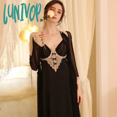 Lunivop Spring Ice Silk Robe Sets Long Dressing Gown Princess Satin Peignoir Sleeping Dress V Neck