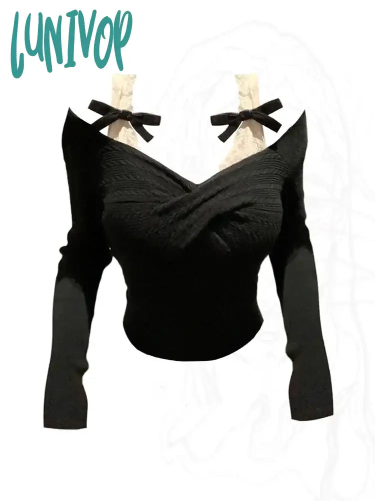 Lunivop Spring Knitted Sweater Women Bow Fake Two Pieces Long Sleeve Slim Pullovers Black Chic