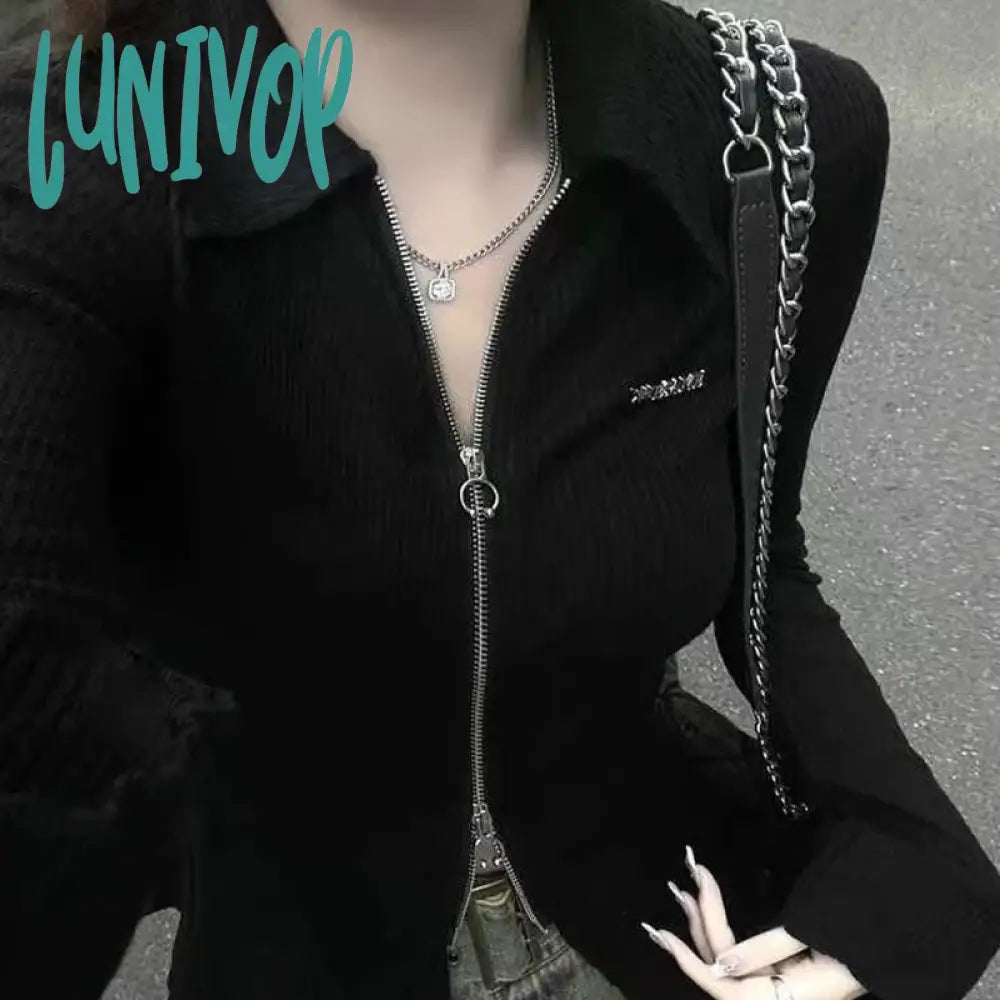 Lunivop Spring Long Sleeve Zipper Cardigan Tees Cyber Grunge Letters Print Tops Korean Club