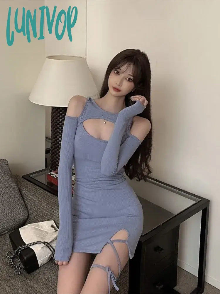 Lunivop Spring New Korean Style Tight-Fitting Sexy Hollow Strap Long-Sleeved Slim Split Dress Hot