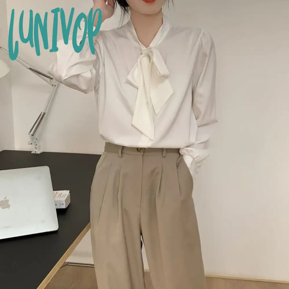 Lunivop Spring Solid Shirts Women Elegant Long Sleeve Bow Simple Chiffon Blouses Office Lady Korean