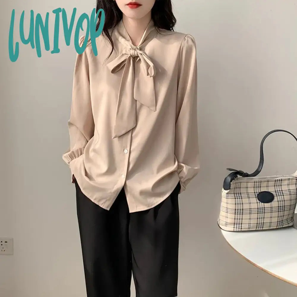 Lunivop Spring Solid Shirts Women Elegant Long Sleeve Bow Simple Chiffon Blouses Office Lady Korean