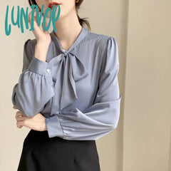 Lunivop Spring Solid Shirts Women Elegant Long Sleeve Bow Simple Chiffon Blouses Office Lady Korean