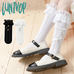 Lunivop Spring Summer Thin Day Cute Lolita Solid Color Bow Pile Socks Soft Breathable Lace Princess