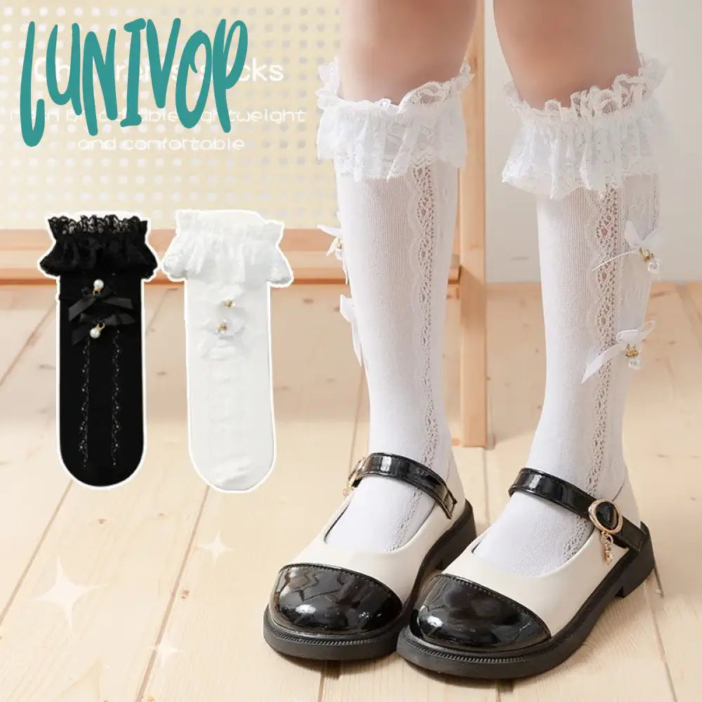 Lunivop Spring Summer Thin Day Cute Lolita Solid Color Bow Pile Socks Soft Breathable Lace Princess