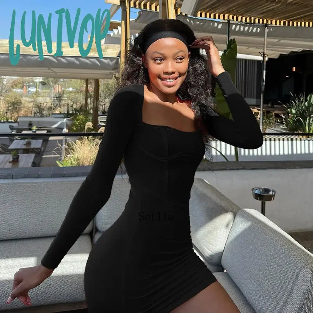 long sleeve short dresses skinny Lunivop Square Neck Long Sleeve Mini Bodycon Dress Autumn Winter Women lunivop