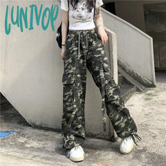 Lunivop Streetwear Camouflage Cargo Pants Women High Waist Denim Wide Leg Harajuku Hip Hop