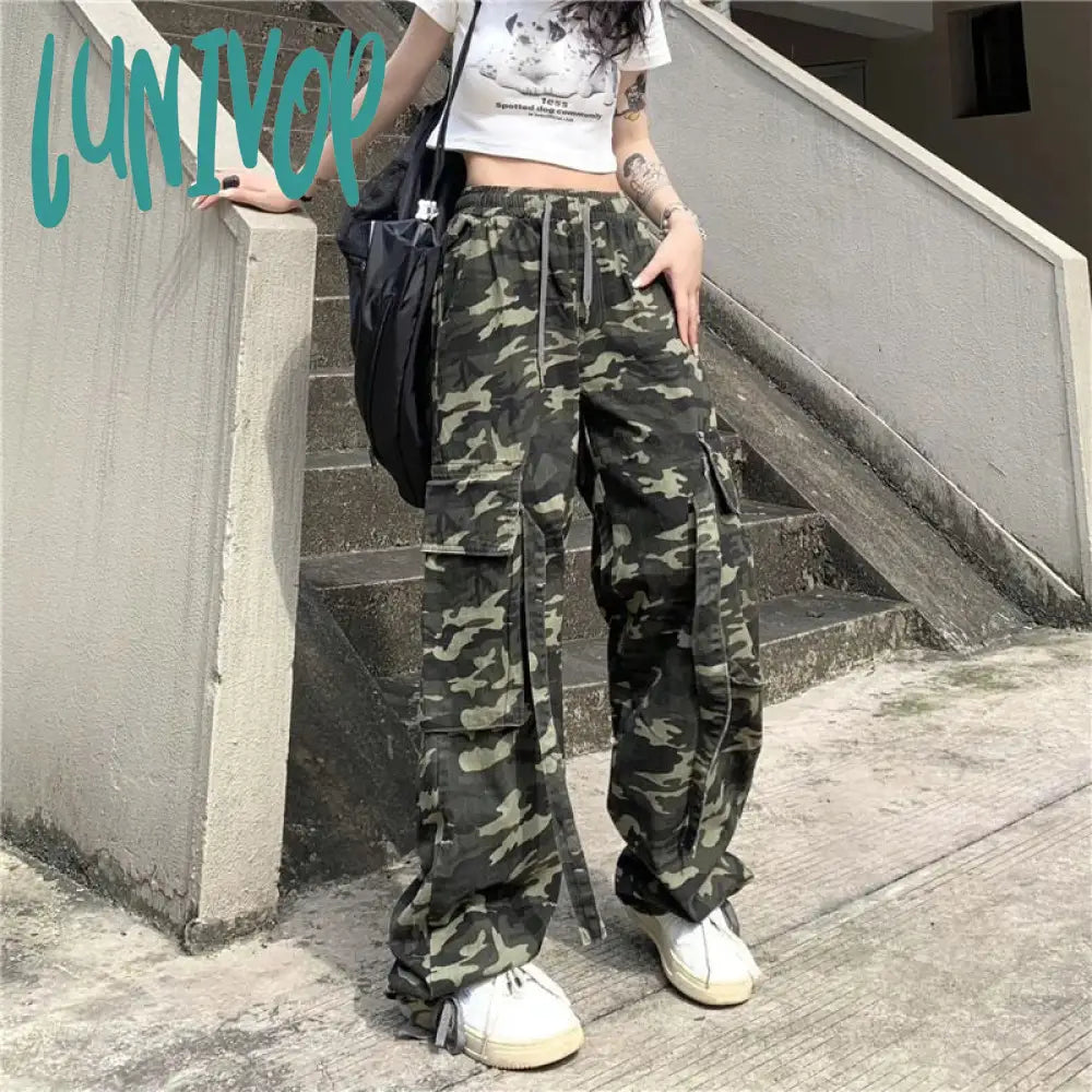 Lunivop Streetwear Camouflage Cargo Pants Women High Waist Denim Wide Leg Harajuku Hip Hop