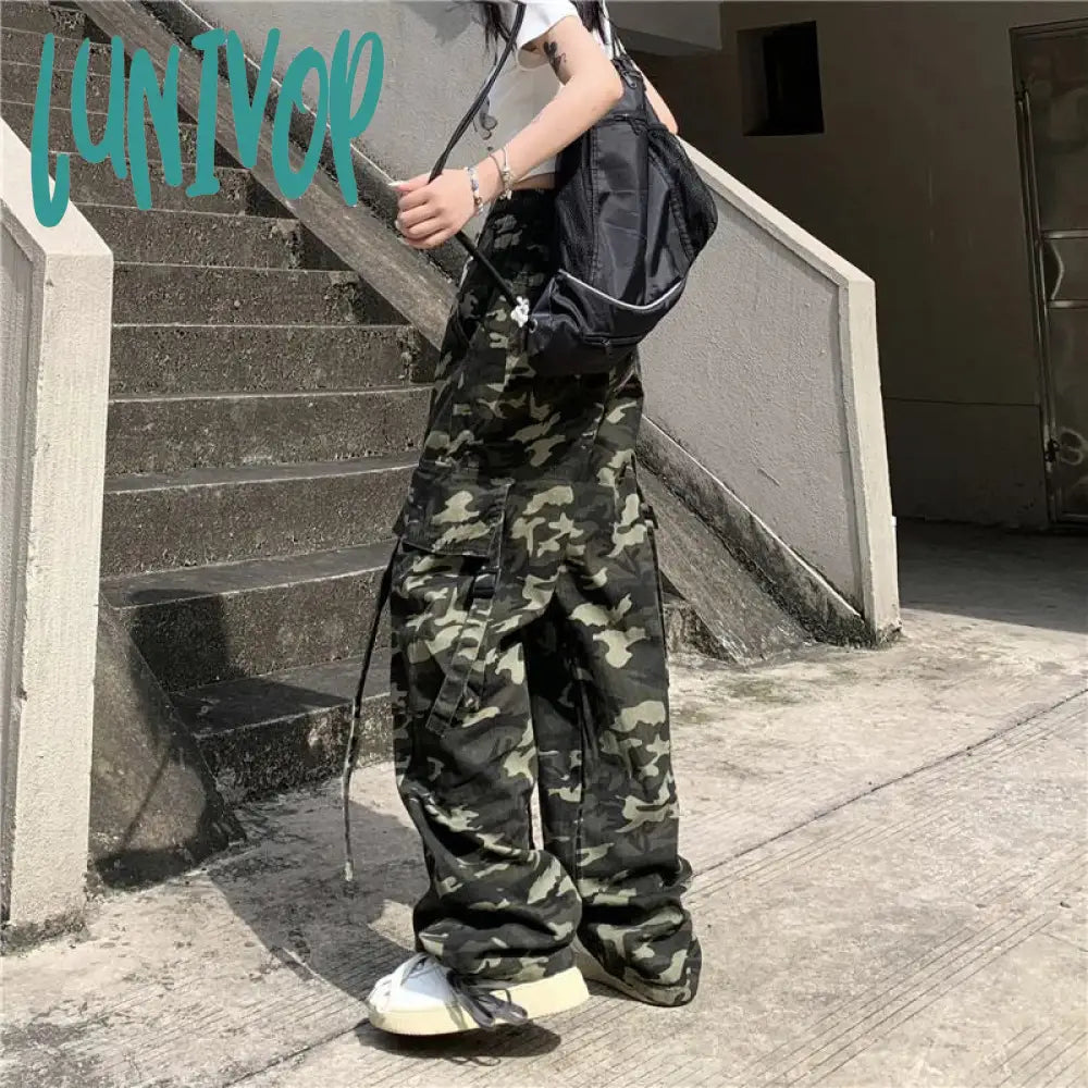 Lunivop Streetwear Camouflage Cargo Pants Women High Waist Denim Wide Leg Harajuku Hip Hop