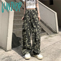 Lunivop Streetwear Camouflage Cargo Pants Women High Waist Denim Wide Leg Harajuku Hip Hop