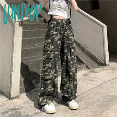 Lunivop Streetwear Camouflage Cargo Pants Women High Waist Denim Wide Leg Harajuku Hip Hop