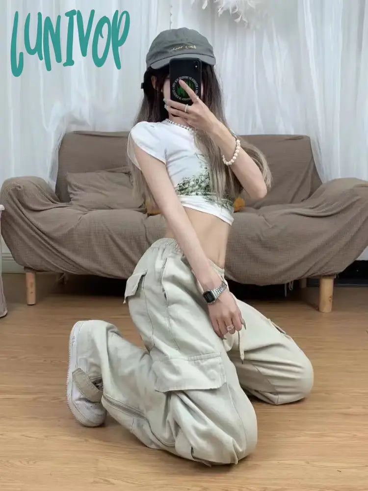 Lunivop Streetwear Cargo Pants Women Y2K Vintage Casual Wide Leg Trousers Korean Fashion Pocket