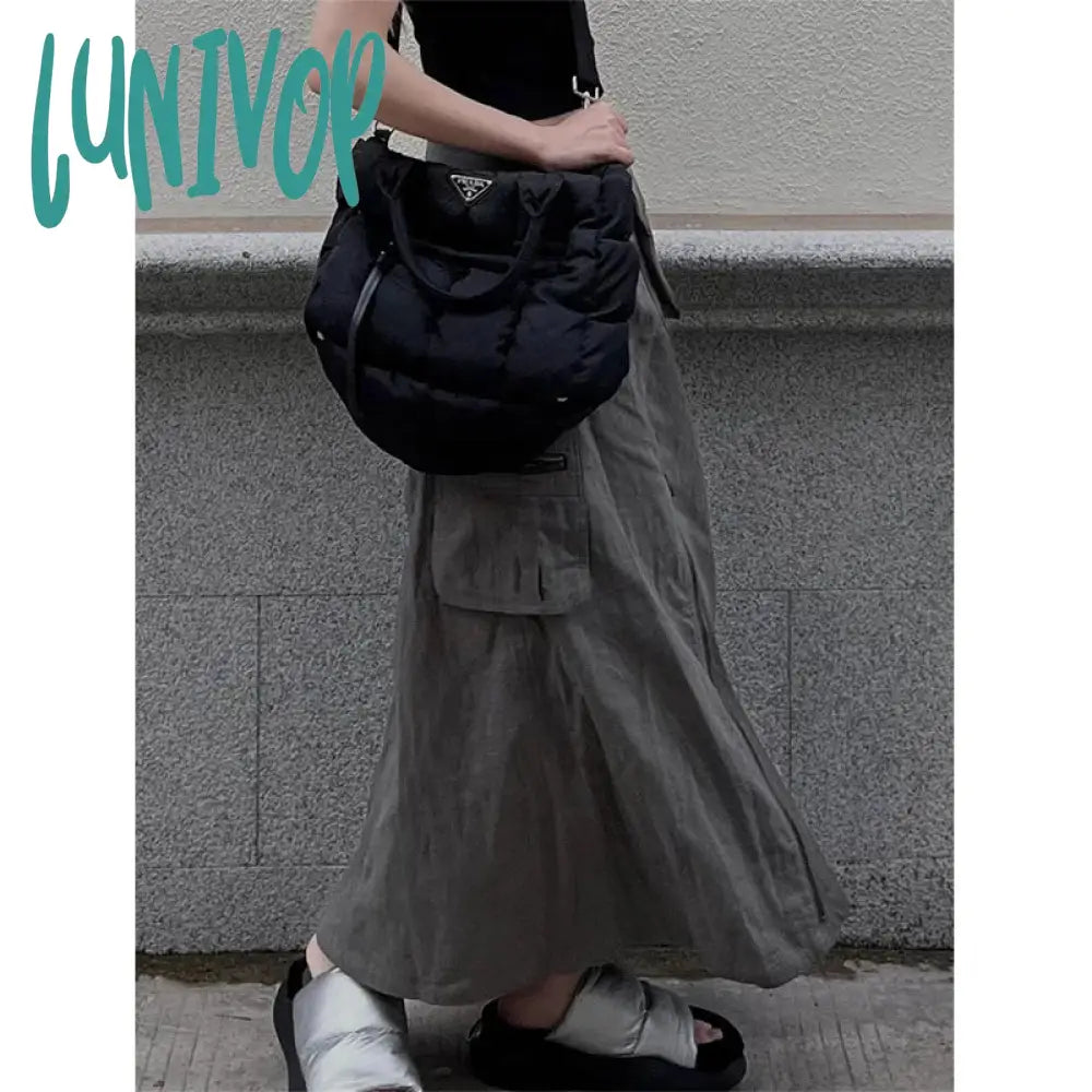 Lunivop Streetwear Cargo Skirts Women Y2K Vintage Pockets A Line Skirt Harajuku Korean High Waist