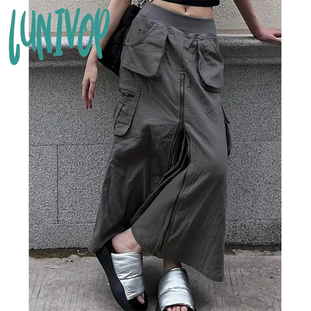 Lunivop Streetwear Cargo Skirts Women Y2K Vintage Pockets A Line Skirt Harajuku Korean High Waist