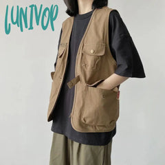 Lunivop Streetwear Cargo Vests Women Button Pocket Sleeveless Loose Jacket Bf Hip Hop Vintage V