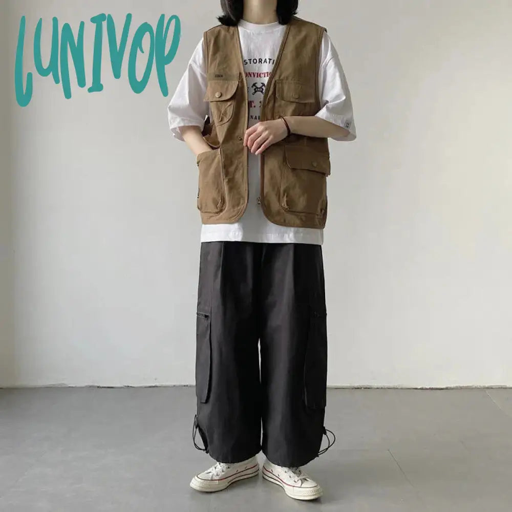 Lunivop Streetwear Cargo Vests Women Button Pocket Sleeveless Loose Jacket Bf Hip Hop Vintage V