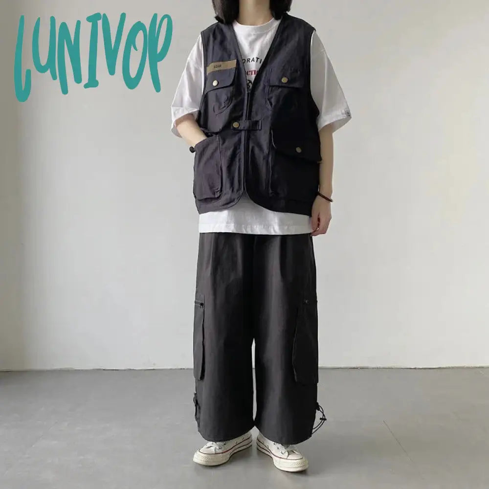 Lunivop Streetwear Cargo Vests Women Button Pocket Sleeveless Loose Jacket Bf Hip Hop Vintage V