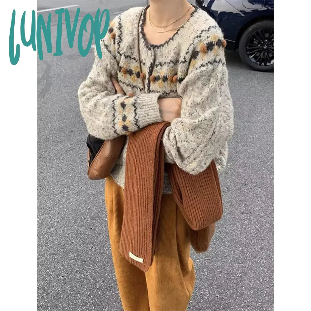 Lunivop Streetwear Cropped Knitted Cardigan Women Print Sweater Coat Harajuku Vintage O Neck