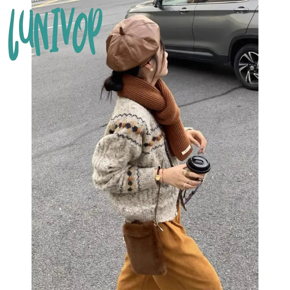 Lunivop Streetwear Cropped Knitted Cardigan Women Print Sweater Coat Harajuku Vintage O Neck