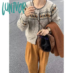 Lunivop Streetwear Cropped Knitted Cardigan Women Print Sweater Coat Harajuku Vintage O Neck