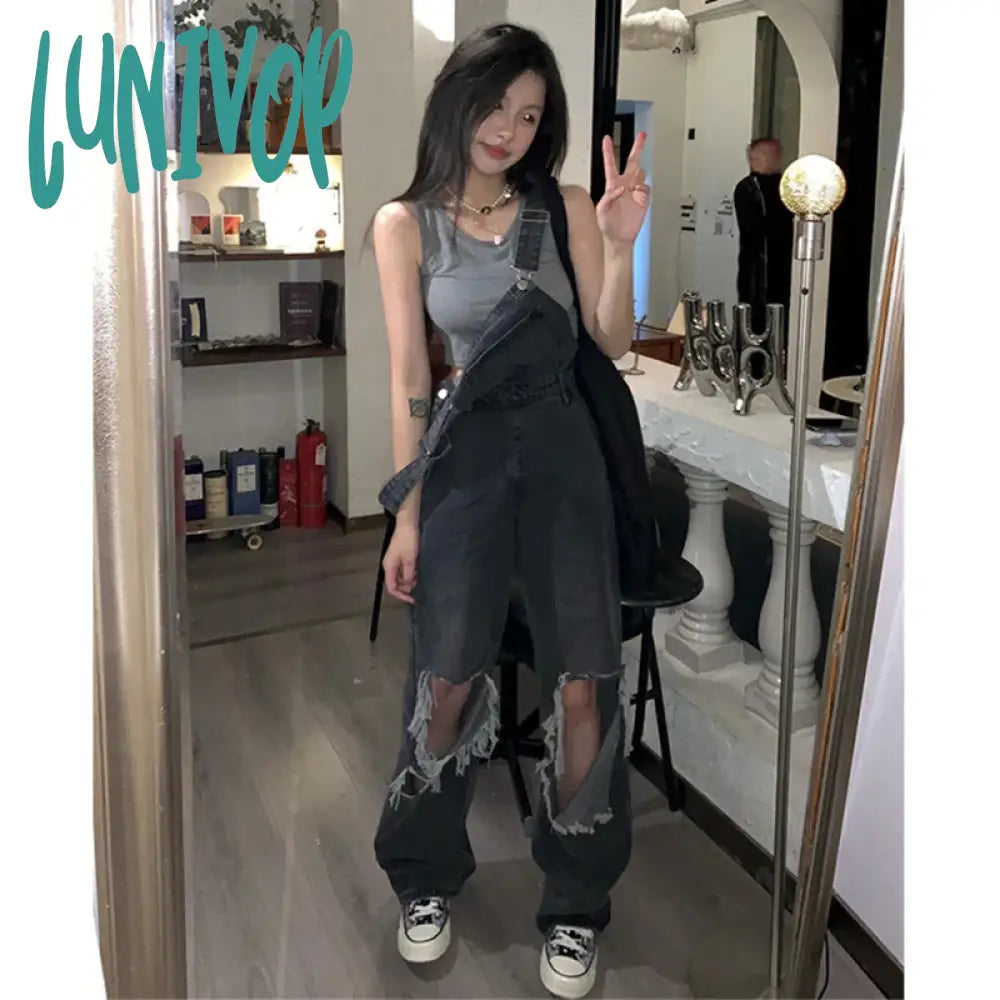 Lunivop Streetwear Denim Overalls Women 5Xl Y2K Vintage Hole Wide Leg Jeans Jumpsuit Summer High