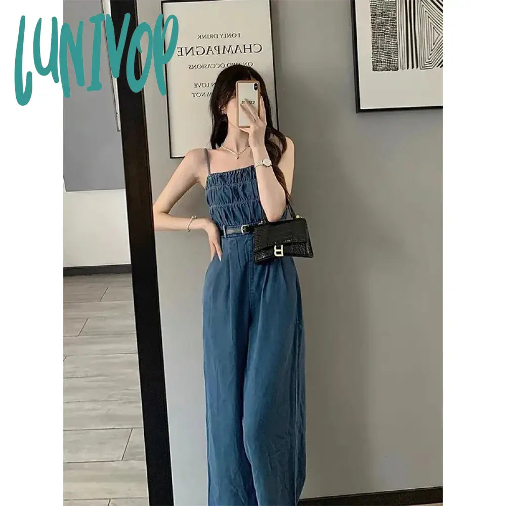 Lunivop Streetwear Denim Overalls Women Belt Wide Leg Jumpsuits Korean Suspender Pants High Waist