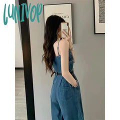 Lunivop Streetwear Denim Overalls Women Belt Wide Leg Jumpsuits Korean Suspender Pants High Waist