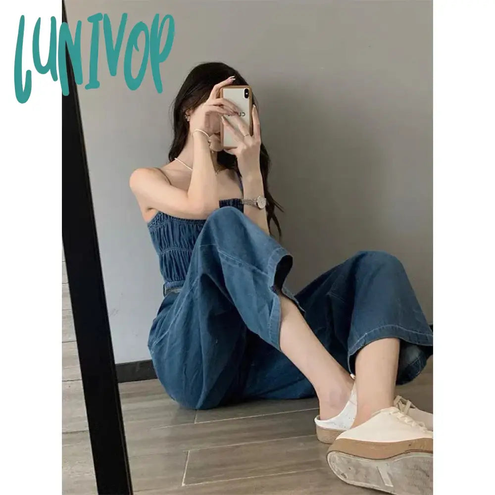 Lunivop Streetwear Denim Overalls Women Belt Wide Leg Jumpsuits Korean Suspender Pants High Waist