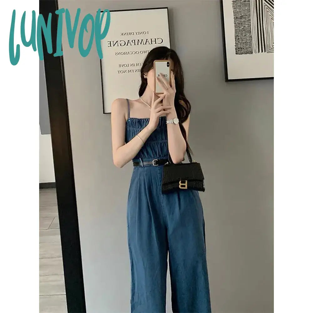 Lunivop Streetwear Denim Overalls Women Belt Wide Leg Jumpsuits Korean Suspender Pants High Waist