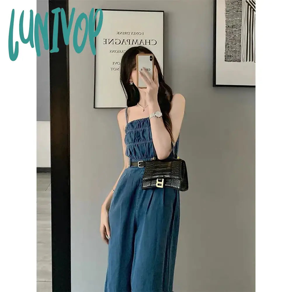 Lunivop Streetwear Denim Overalls Women Belt Wide Leg Jumpsuits Korean Suspender Pants High Waist