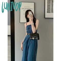 Lunivop Streetwear Denim Overalls Women Belt Wide Leg Jumpsuits Korean Suspender Pants High Waist