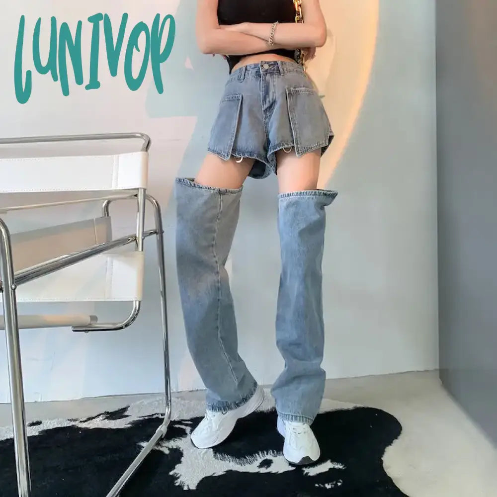 Lunivop Streetwear Jeans Woman High Waist Vintage Fashion Patchwork Denim Ripped Holes Pants Female