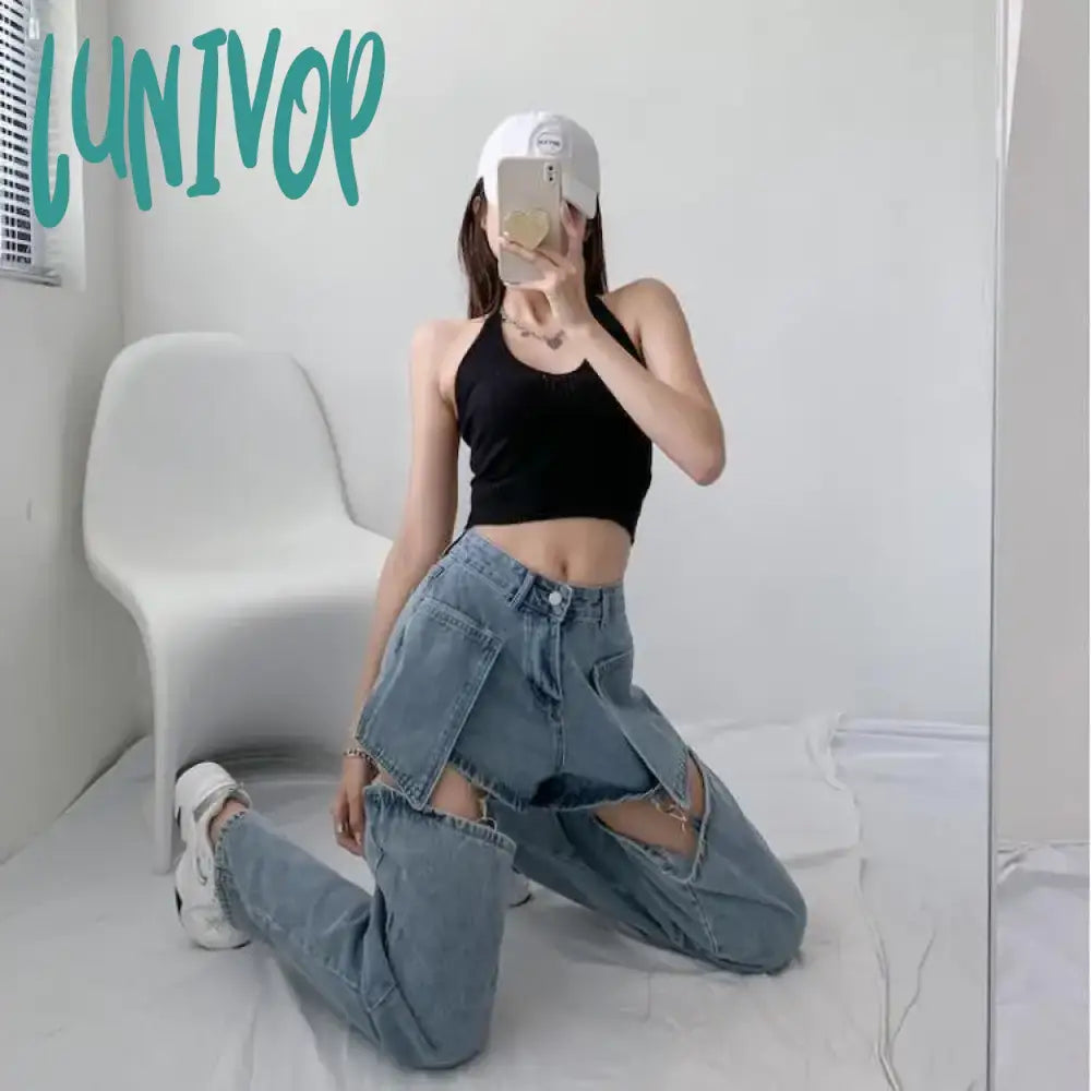 Lunivop Streetwear Jeans Woman High Waist Vintage Fashion Patchwork Denim Ripped Holes Pants Female