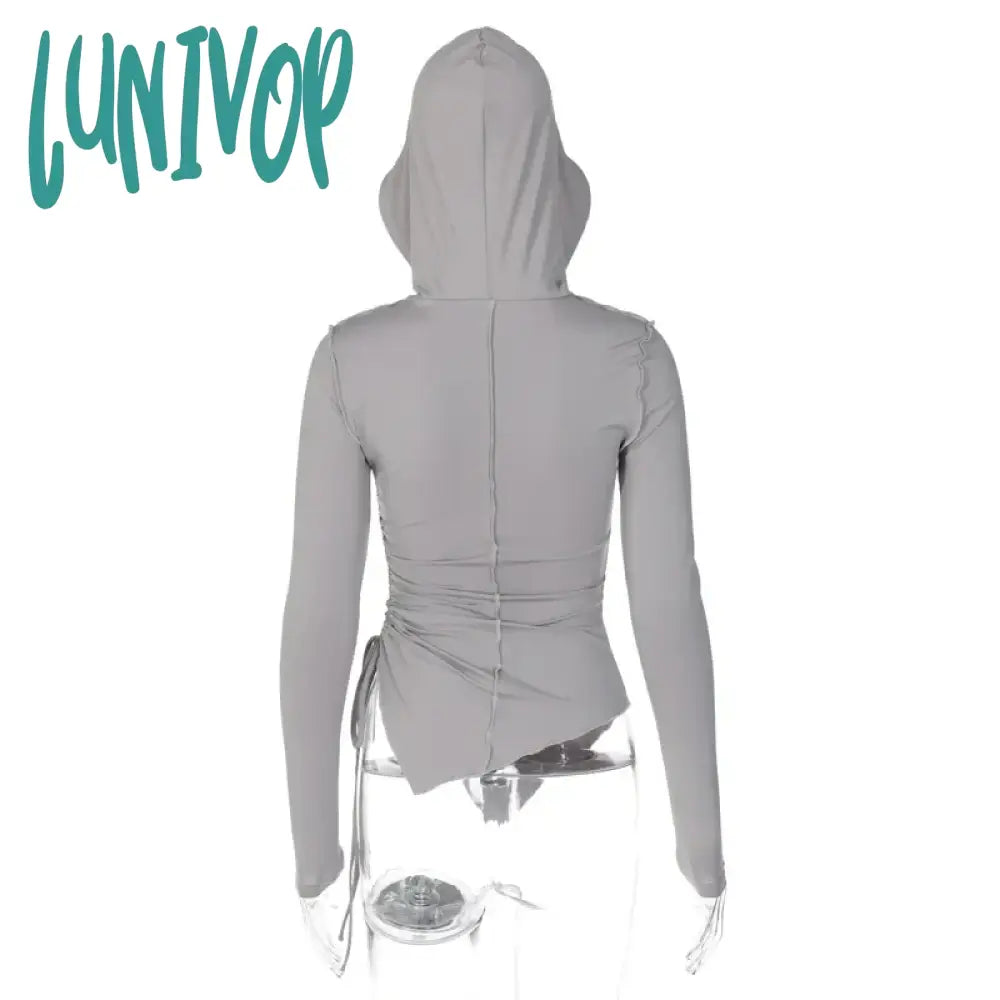 Lunivop Streetwear Long Sleeve Ruched Sirring Side T Shirt Y2K Emo Slim With Hat Crop Top Women