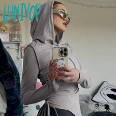 Lunivop Streetwear Long Sleeve Ruched Sirring Side T Shirt Y2K Emo Slim With Hat Crop Top Women